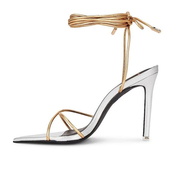 Black Suede Studio Talia Heel Pointy Sandal in Silver Gold 39 New with Box Women - Picture 3 of 15